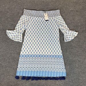 Cabana Life Dress Womens Medium Seascape Coverluxe Smocked UPF 50+ Tassel‎ Trim